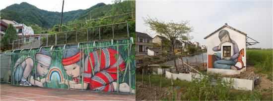 柒先生在台湾及上海枫泾创作的公益墙绘