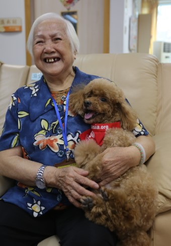 2016年6月，广州“狗医生”Cooper探访越秀长者综合服务中心，和奶奶亲密合照。